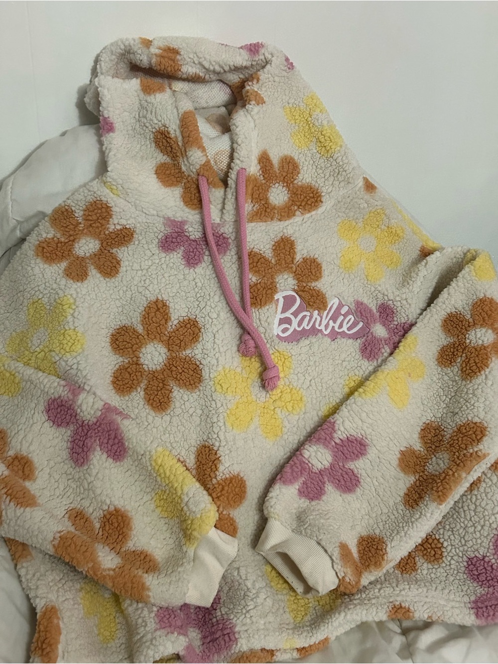 Barbie Cream Sherpa Hoodie with Pink & Yellow Accents